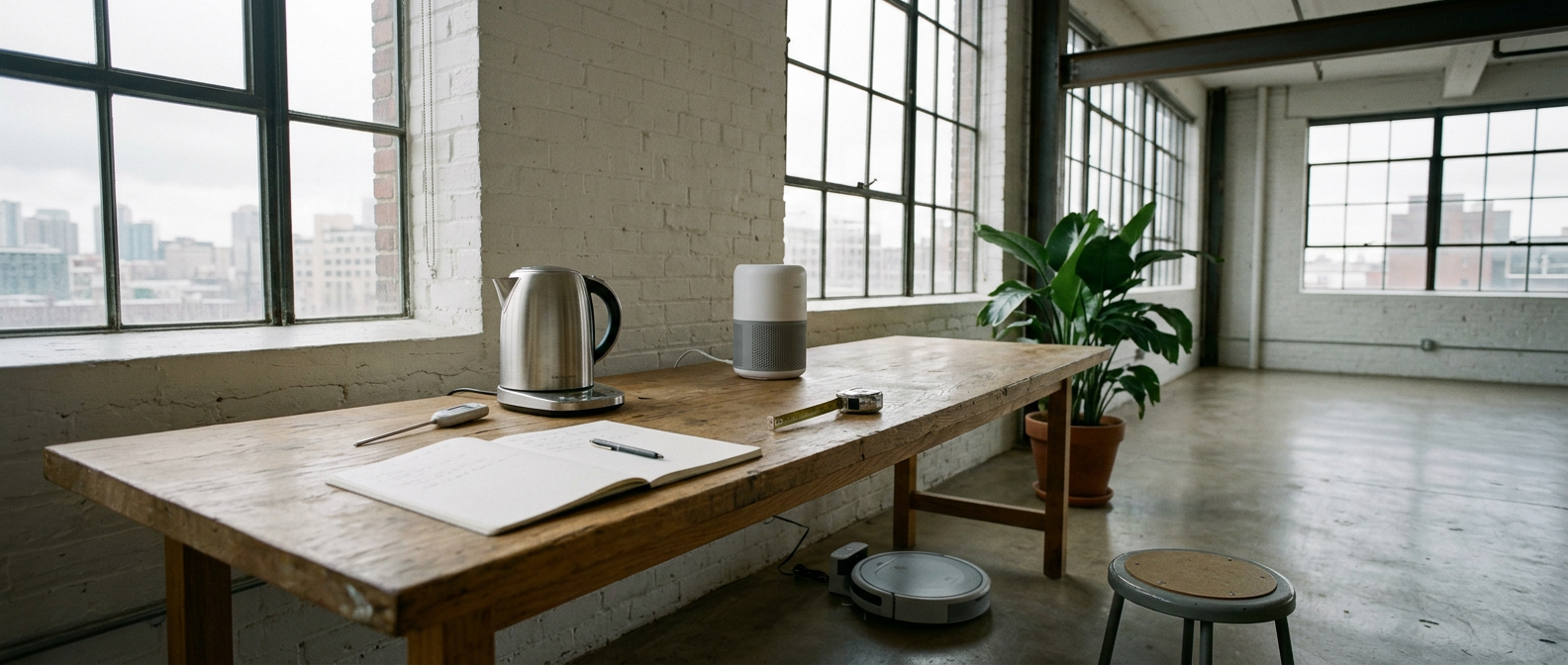 A daylight workspace with a long oak bench holding a kettle, an air purifier, a notebook and measuring tools, with a robot vacuum on the floor