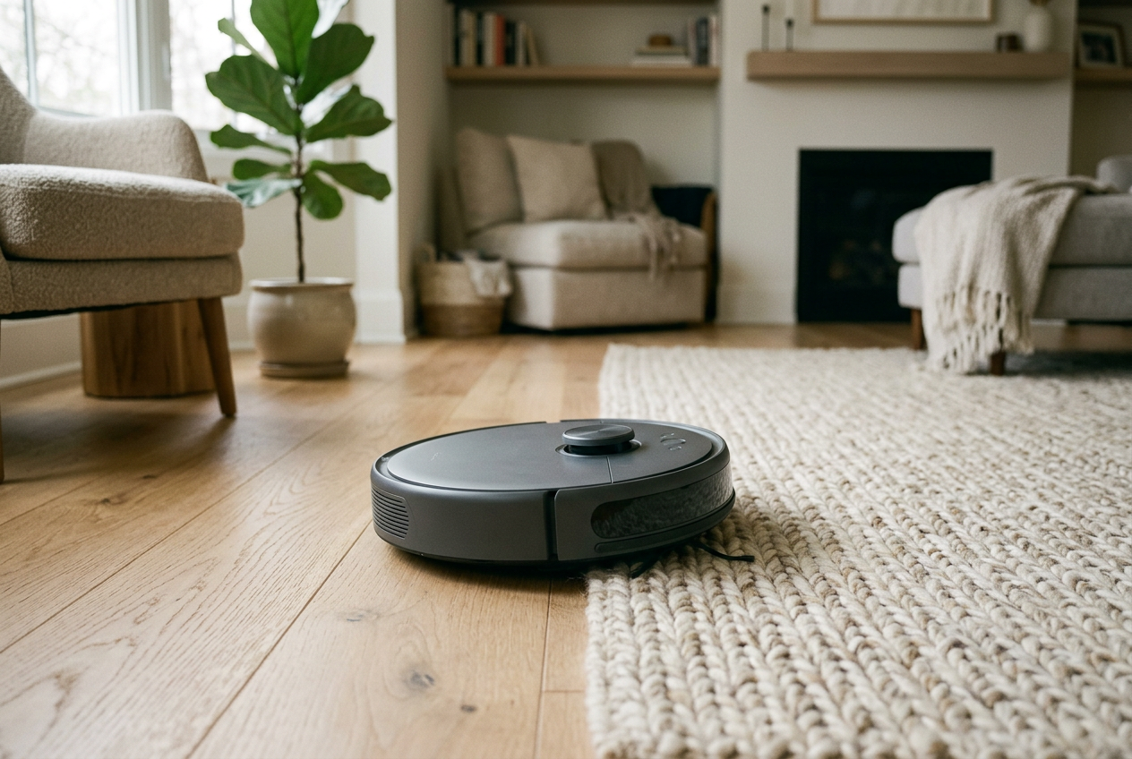 A robot vacuum on a wooden floor beside a woven rug