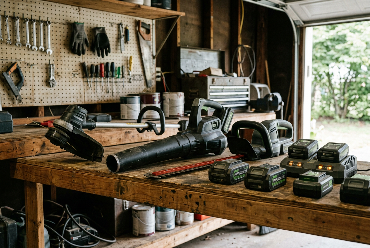 Cordless yard tools and battery packs on a garage shelf
