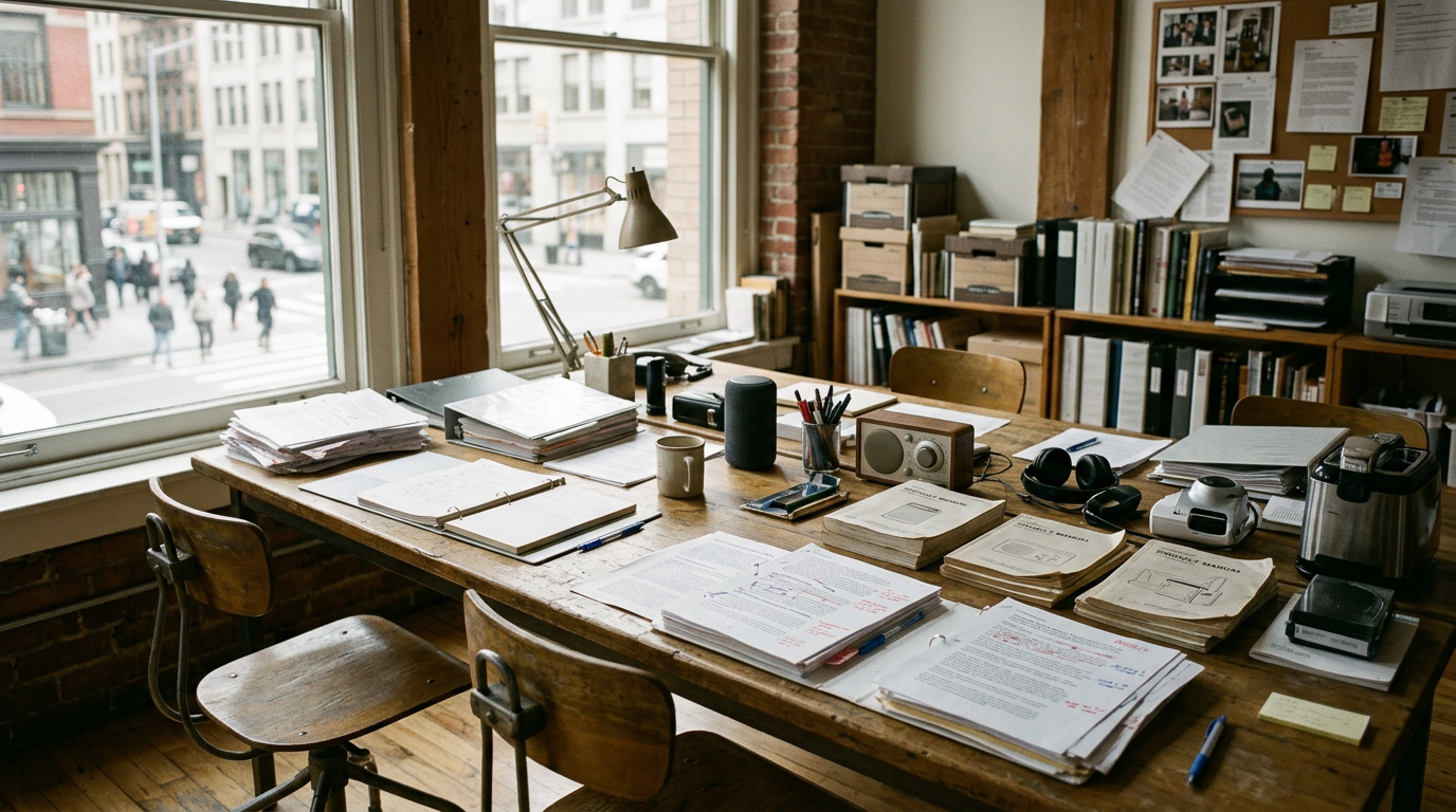 A shared editorial table with marked-up printed proofs, reference binders and a few small home gadgets beside tall windows